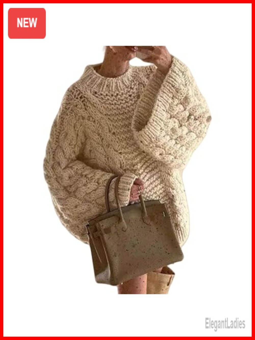 Oversized Cable Knit Sweater Long Sleeve Chunky Pullover Crewneck